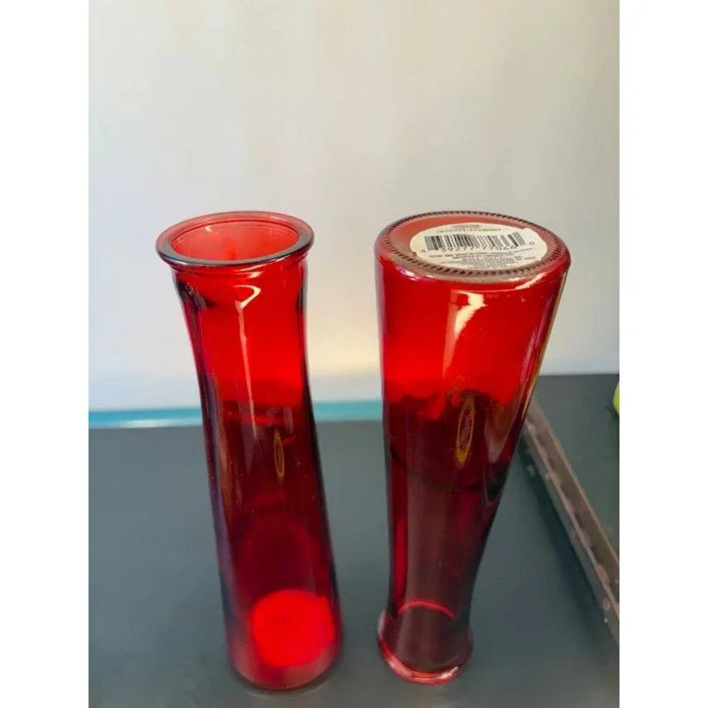 Pair Ruby Red Glass Bud Vases Tapered Cylinder 9 Inch Deep Red Tall Set